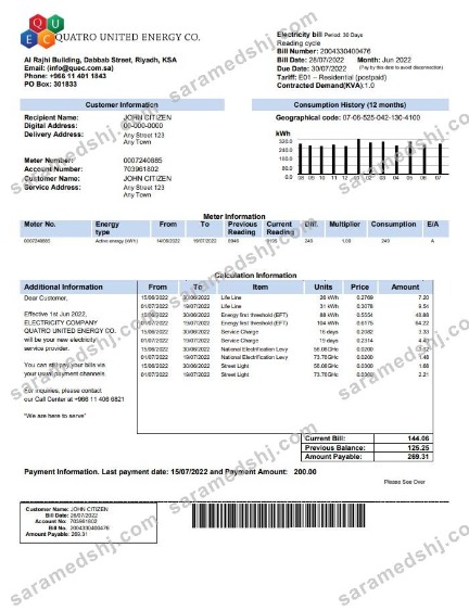 Saudi Quatro United Energy Co. utility bill, Word and PDF template
